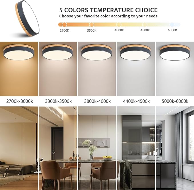 Dimmable Wood LED Ceiling Lights, Modern 2700K-6000K 5CCT Round Grey Flush Mount Lighting Fixture, Minimalist Ceiling Lamp for Bedroom, Kitchen, Hallway, Laundry Room-11.8in