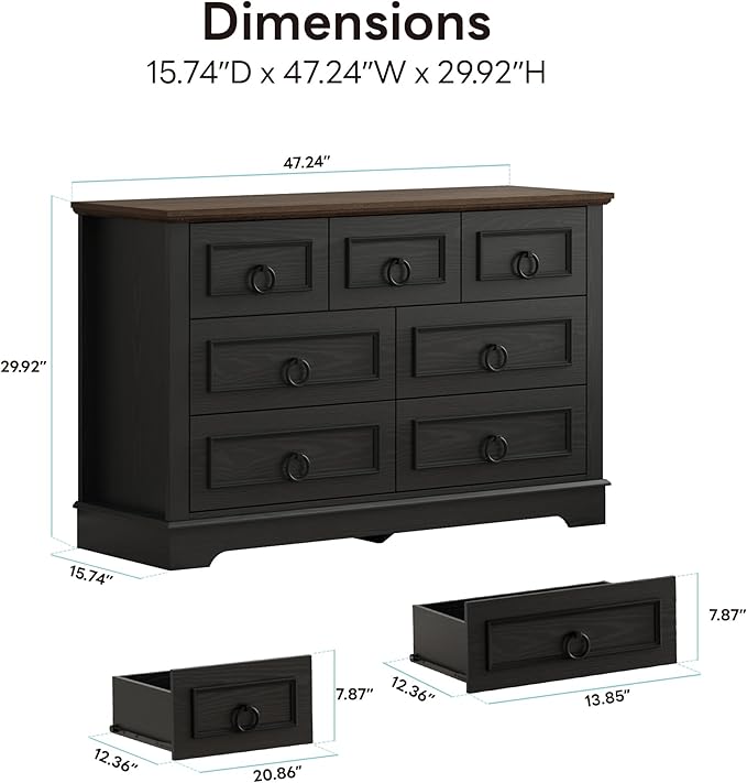 LIKIMIO Black Dresser for Bedroom, 47.2" W Farmhouse 7 Drawer Dresser with Round Metal Handle, Thickened Desktop, Wood Rustic Chest of Drawers for Hallway, Entryway