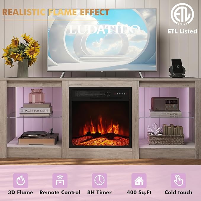 Ludatido 58 Inch TV Stand with 18 inch Fireplace Insert LED Light Entertainment Center Electric Fireplace TV Stand with USB&AC Power Interface for Living Room/Bedroom/Media Room Use(Gray)