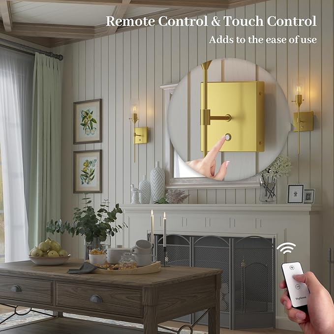Battery Operated Wall Sconce with Remote Control, Dimmable Wall Mounted Light Set of Two Rechargeable, Brass Cordless Wall Lamp for Bedroom Bathroom Kitchen Vanity Mirror, Bulb Included