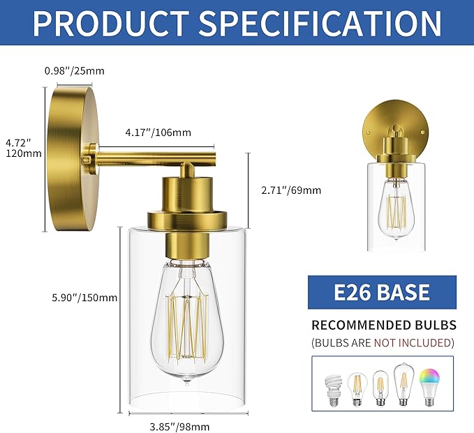 GORDNWE 1-Light Bathroom Wall Sconce, Brushed Gold Vanity Light, Modern Wall Light Fixture with Clear Glass Shade and E26 Bulb Base, Wall Lamp Wall Mount Light Fixtures for Mirror, Bedroom, Hallway