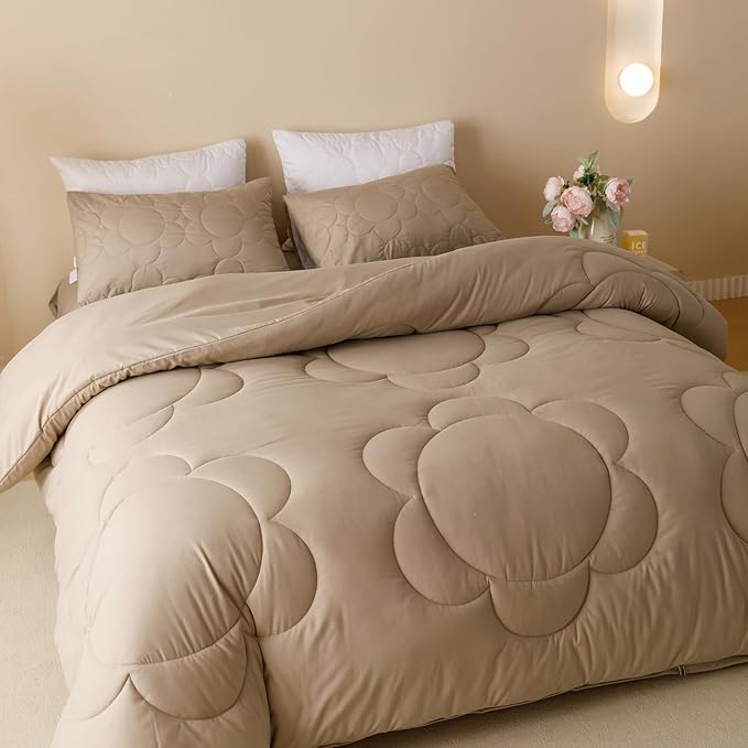 Luxlovery Khaki Comforter Set King Cream Coffee Sunflower Bedding Comforter Dark Champagne Bedding Comforter Set Boho Farmhouse Mocha Quilted Soft Breathable Bedding Set King Size