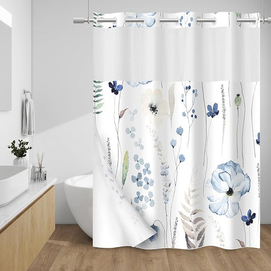 No Hook Shower Curtain with Snap in Liner - Floral Shower Curtain - Fabric Waterproof Inner Liner, Plants Watercolor Navy Blue Modern Cloth Shower Curtains - Machine Washable, 71 x 74
