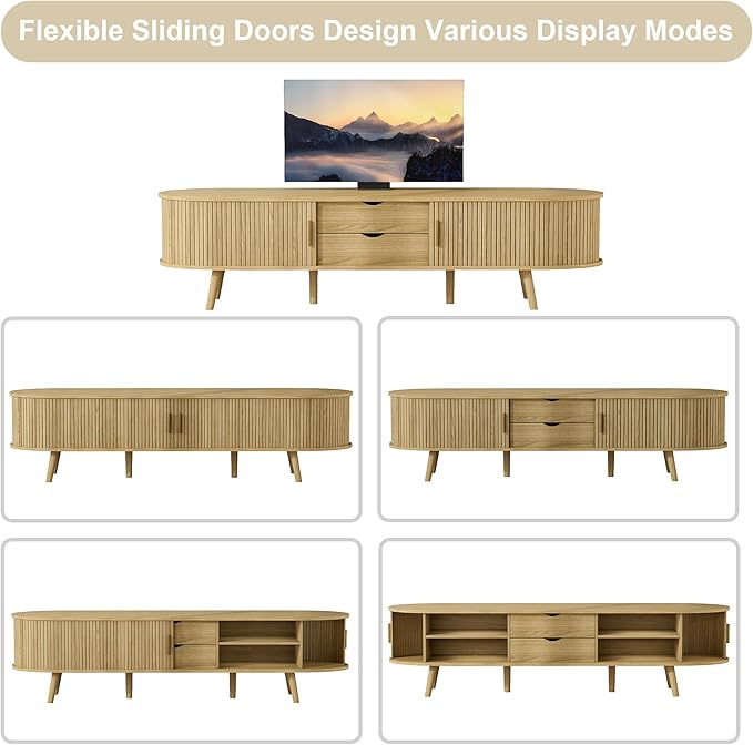 69" Fluted TV Stand, Mid Century Modern TV Stand Fits TVs Up to 75", Wood Entertainment Center for Living Room, Farmhouse TV and Media Console Table with Storage, Curved Edge and Sliding Door, Oak