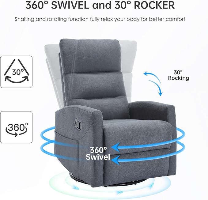 360° Swivel Rocker Recliner Chair for Small Spaces, Manual Reclining Chair for Adults, Rocking Glider for Nursery, Living Room, Bedroom, Fabric Dark Grey