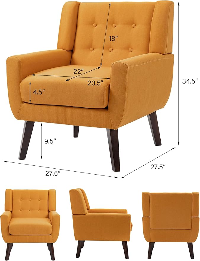 Accent Chair, Mid-Century Modern Fabric Chairs with Arms for Living Room, Comfy Upholstered Club Single Sofa Armchair for Bedroom Waiting Room with Solid Wood Frame (Fabric Orange, Set of 1)