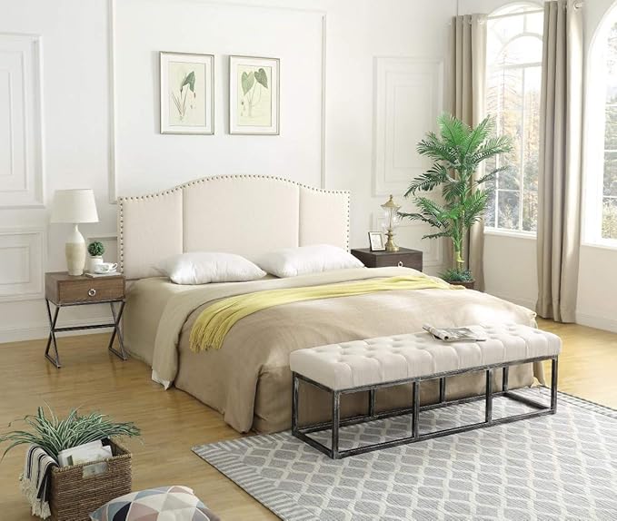 24KF Middle Century Linen Upholstered Tufted King Size Headboard with Antique Brass Nail Heads Trim King/California King headboard-Ivory