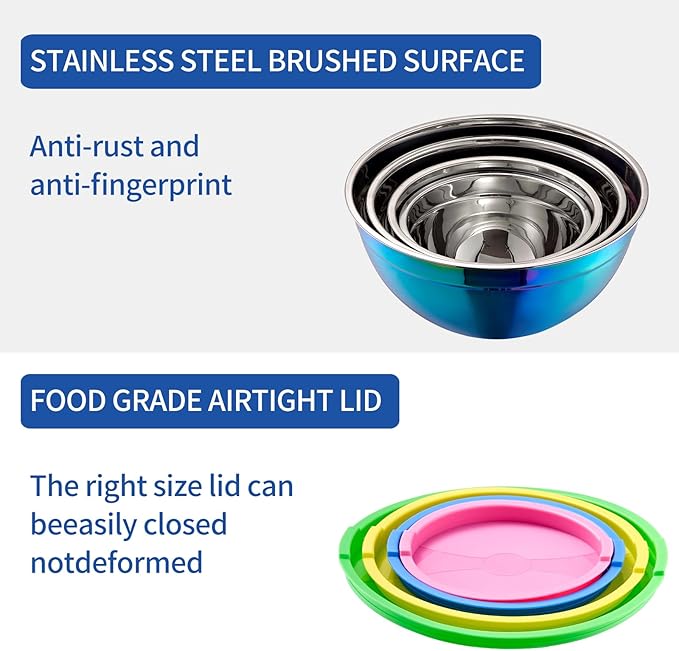 Rainbow Mixing Bowls With Airtight Lids,Stainless Steel Bowl,Salad Bowls 4 Piece Colorful Nesting Bowl Rainbow Kitchen Accessories,Size 5.5,3.6,2.1,1.5 QT Stackable Design