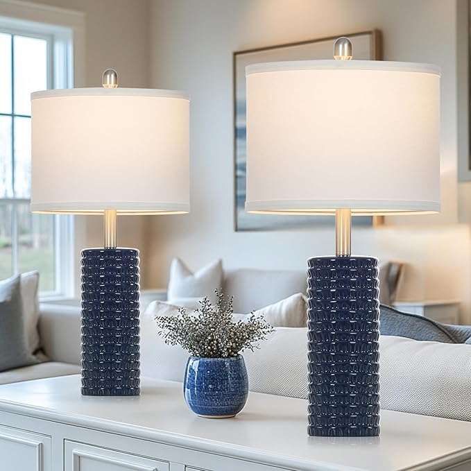 24.5" Modern Ceramic Table Lamp Set of 2 for Living Room Blue Desk Lamps for Bedroom Farmhouse Bedside Nightstand Bedside Lamp End Table Lamps Blue