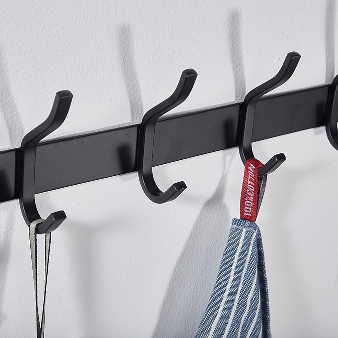 HAMUTH Wall Hooks Heavy Duty, 12 Inch Coat Rack Wall Mount with 4 Hooks, Black Wall Hooks for Entryway, Bathroom - for Hanging Backpack, Bag, Coat, Purse, Hat, Towel, Clothes,2 Packs