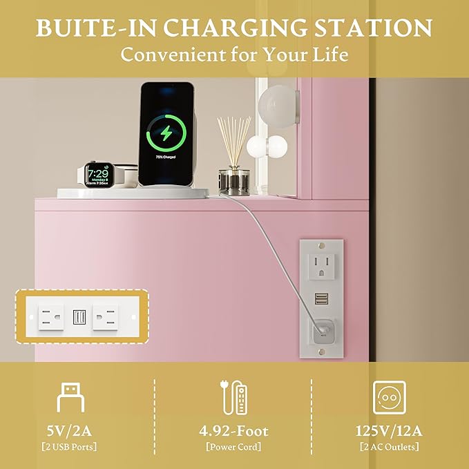 Vanity Desk with Large 42" Mirror and Lights, Pink Fluted Makeup Table Set with Storage Drawers, Power Outlet & Stool, 3 Lighting Modes & Adjustable Brightness, Dressing Table for Women Girls Bedroom