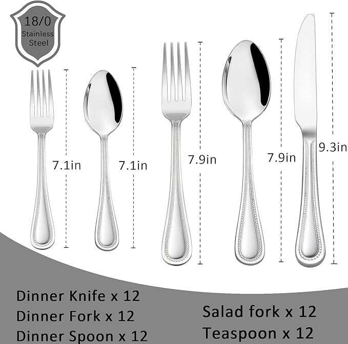 HaWare Silverware Set, 60-Piece Pearled Edge Stainless Steel Flatware for 12, Beading Tableware Cutlery Utensil for Home, Mirror Polished, Dishwasher Safe