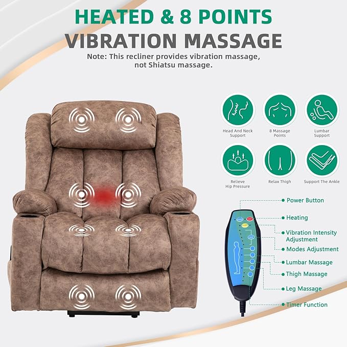VIVIJASON Tall Man Large Power Lift Recliner Chair with Massage and Heat for Elderly, Overstuffed Wide Electric Lift Recliner w/Extended Footrest, 2 Cup Holder, Side Pockets & USB Ports, Fabric Brown