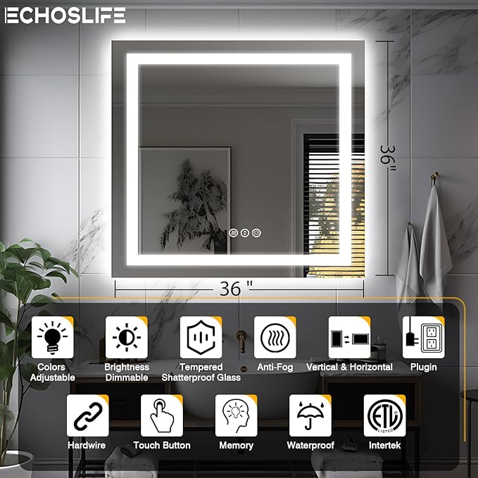 36"x36" Square LED Bathroom Mirror - Front & Backlit, Anti-Fog Vanity Mirror with Stepless Dimmable Lights, 3 Color Smart Mirror (Horizontal/Vertical)