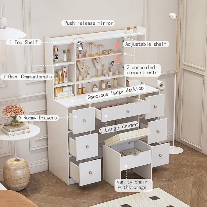 Large Vanity Table with Mirror & Lights - Built-in Power Outlet, Dimmable LED Lighting, 7 Compartments & 7 Drawers - Includes Padded Stool - Ideal Bedroom Makeup Dressing Station (White)