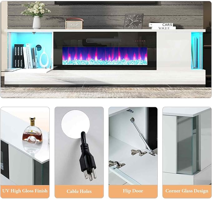 AMERLIFE High Gloss Fireplace TV Stand with 36" Fireplace, 70" LED Lights Entertainment Center with Flip Doors & Corner Glass Decor, Modern Console Table for TVs up to 80", Living Room, White