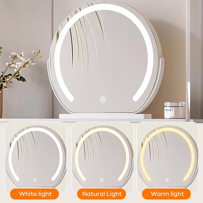 Solid Wood Vanity Desk, Modern Makeup Vanity with Drawers & Rock Slab Countertop and LED Light Mirror, Simple Dressing Table with Makeup Stool for Bedroom(Orange)