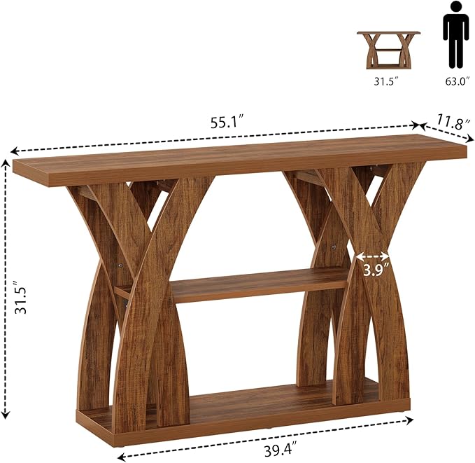 Console Tables, 55-Inches Walnut Console Table with Storage 3-Tier Farmhouse Narrow Entryway Table for Living Room, Hallway, Foyer(Brown)