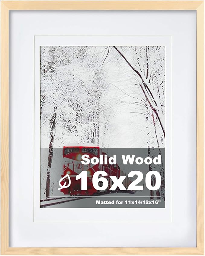 Egofine 16x20 Solid Wood Picture Frame, Made of Solid Wood Covered by Plexiglass 11x14/12x16 with Mat 16x20 without Mat, Poster Frame for Wall Mounting Photo Vertically or Horizontally, Natural Wood