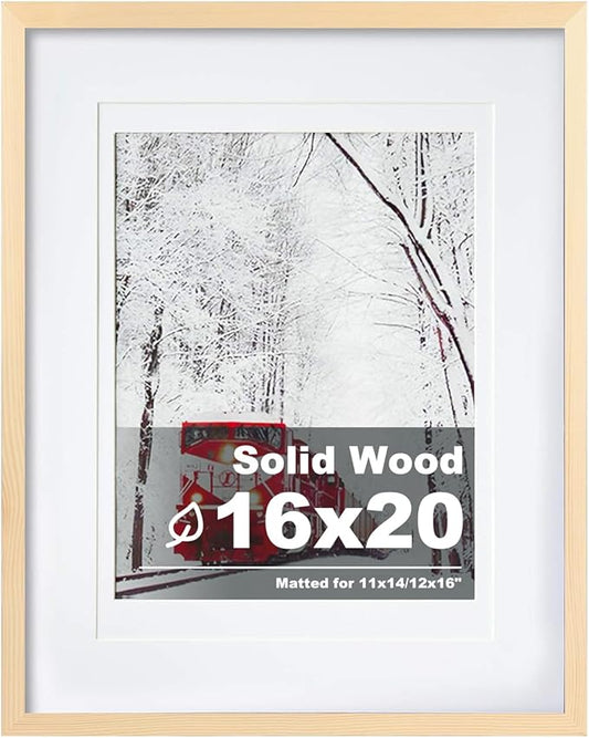 Egofine 16x20 Solid Wood Picture Frame, Made of Solid Wood Covered by Plexiglass 11x14/12x16 with Mat 16x20 without Mat, Poster Frame for Wall Mounting Photo Vertically or Horizontally, Natural Wood
