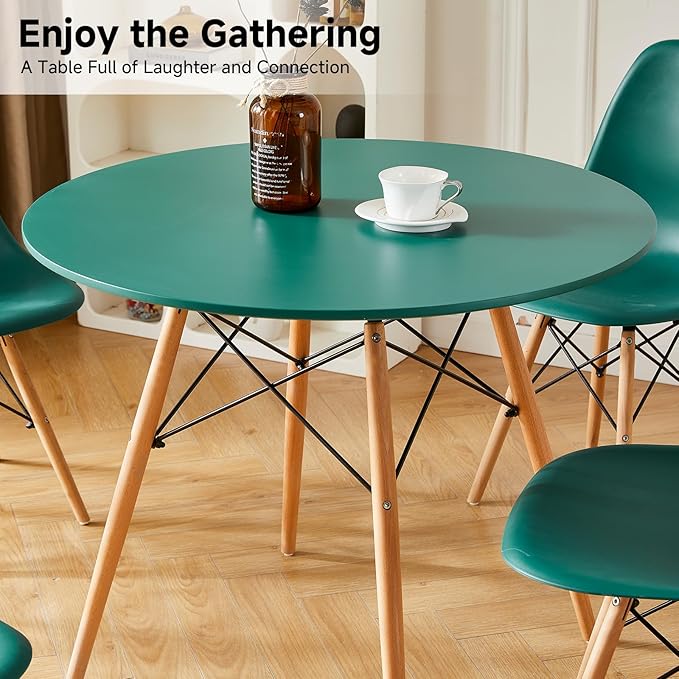 Round Dining Table Set for 4 31.5" Wood Dinner Table Circle Dining Table Kitchen Table Chairs Set of 4 with Wood Strip Base for Kitchen Living Room Space Saving Apartment(Green)