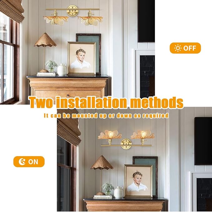 Bathroom Light fixtures Vintage Wall Sconce 2 Light Bathroom Vanity Light Gold Wall Sconce Lights Amber Glass Art Deco Vanity Lights Over Mirror for Bedroom Hallway Living Room