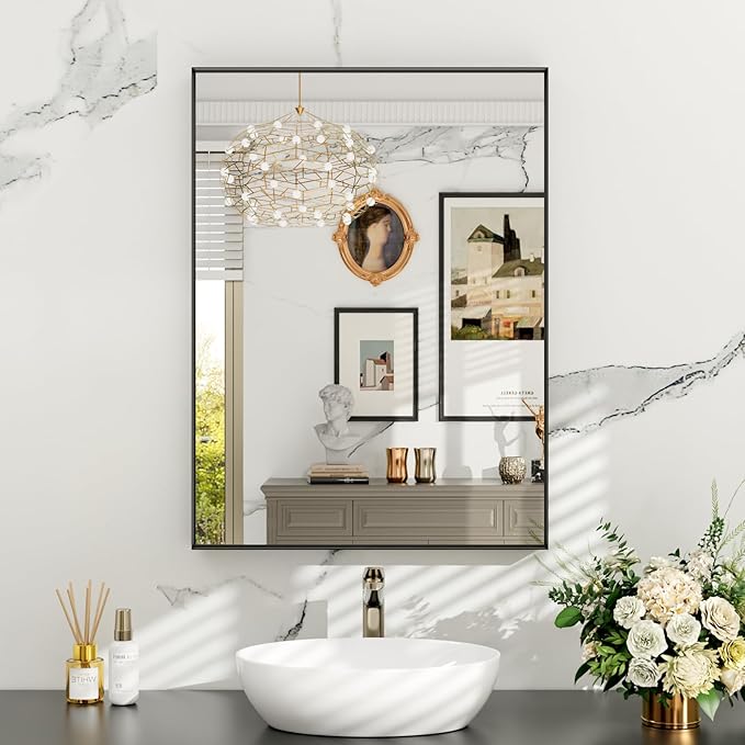 Black Bathroom Mirror, 22x30 inch Black Vanity Mirror with Metal Frame, Tempered Glass, Square Corner, Farmhouse, Entryway, Wall Mounted Rectangle Mirror(Vertical/Horizontal)