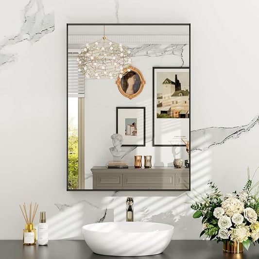 Black Bathroom Mirror, 22x30 inch Black Vanity Mirror with Metal Frame, Tempered Glass, Square Corner, Farmhouse, Entryway, Wall Mounted Rectangle Mirror(Vertical/Horizontal)