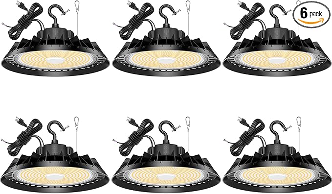 6Pack LED High Bay Lights, Super Bright 200W UFO High Bay LED Shop Lights, 30000LM 5000K, 0-10V Dimmable, 5' Cable Plug, IP65 Waterproof, ETL Listed Plug & Play Lighting for Gym Factory Warehouse