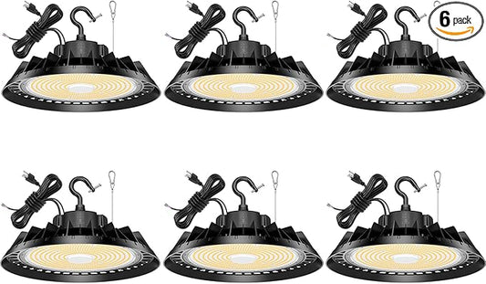 6Pack LED High Bay Lights, Super Bright 240W UFO High Bay LED Shop Lights, 36000LM 5000K, 0-10V Dimmable, 5' Cable Plug, IP65 Waterproof, ETL Listed Plug & Play Lighting for Gym Factory Warehouse