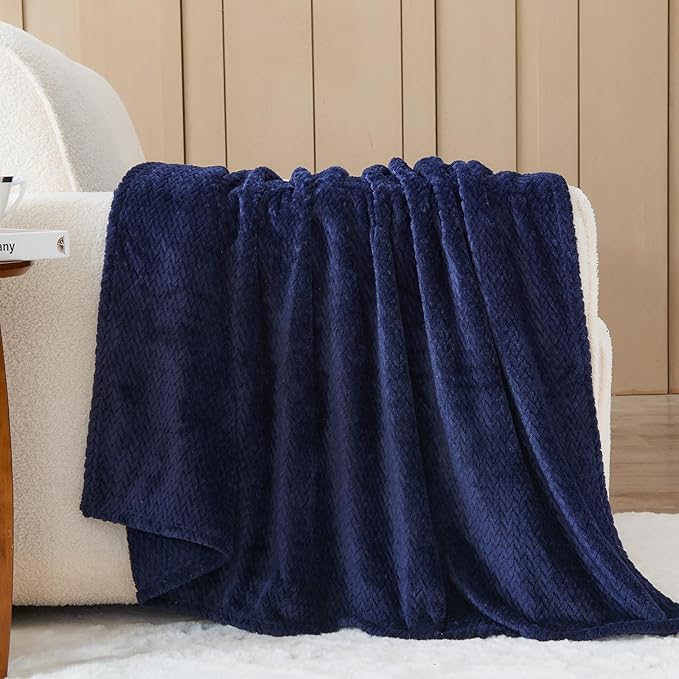 NEWCOSPLAY Super Soft Queen Blanket Dark Navy Premium Silky Flannel Fleece Leaves Pattern Lightweight Bed Blanket All Season Use (Dark Navy, Queen(90"x90"))
