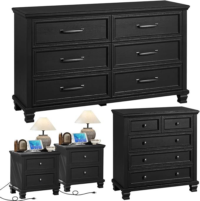 Farmhouse Black Bedroom Sets of 4, Includes 6 Drawer Large Dresser, Low 2 Drawers Night Stand with Charging Station, Small 5 Chest of Drawers, Wood Rustic Dresser & Nightstand Set for Home