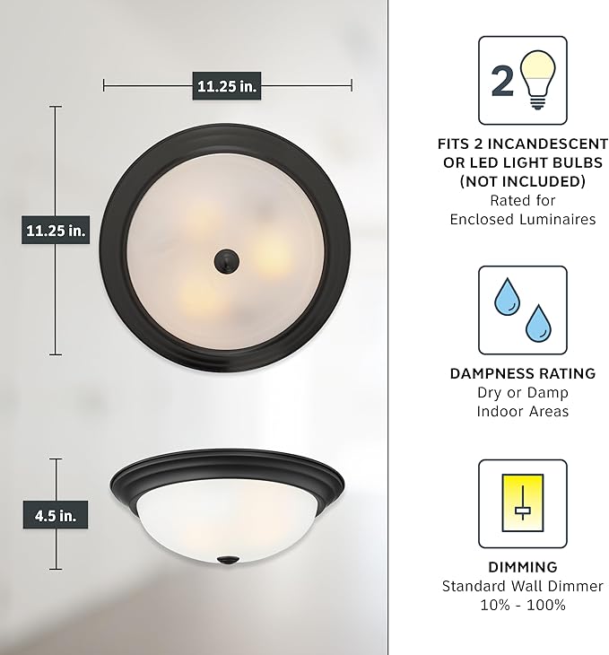 DESIGNERS FOUNTAIN Reedley 2-Lights Flush Mount Ceiling Light, 11 Inch Lighting Fixture for Kitchen, Bedroom, Bathroom, and Hallway, Matte Black with Etched Glass, 1257S-MB-W