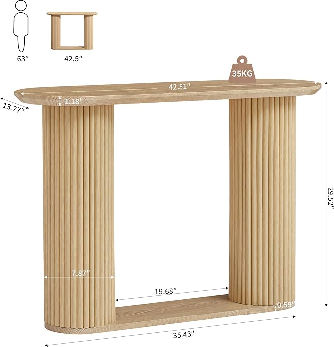 Fluted Console Table, Farmhouse Oval Curved Entryway Table with Storage and Fluted Wood Legs, Narrow Sofa Table Small Long Entry Table for Entrance, Hallway, Living Room (Natural)