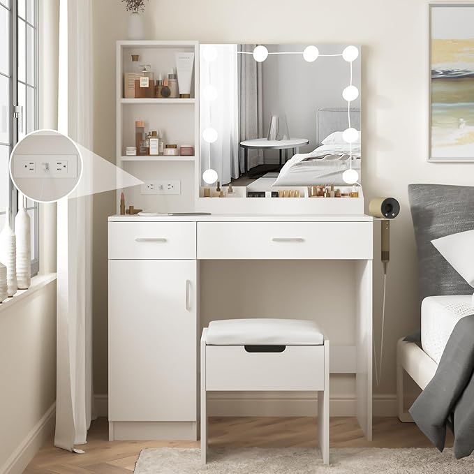 Fameill Makeup Vanity Desk with Lighted Mirror & Power Strip,White Vanity Table Set with Lights and Lots Storage,2 Drawer Makeup Table,3 Lighting Colors,35.4in(L)