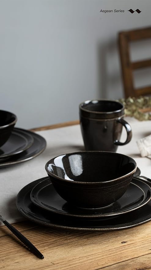 Famiware Aegean Dinnerware Set for 4, 12-Piece Plates and Bowls Sets, Stoneware Scratch Resistant Dinner Set, Handmade Irregular Round Dishes, Microwave and Dishwasher Safe, Black Coffee