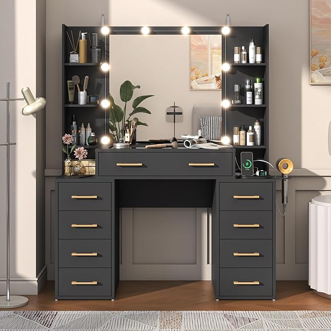 Glass Top Vanity Desk with Mirror and Lights, Large Vanity Makeup Mirror Desk with Charging Station Compartment Storage Drawers, Modern Makeup Vanity with 9 Drawers 6 Shelves, Black