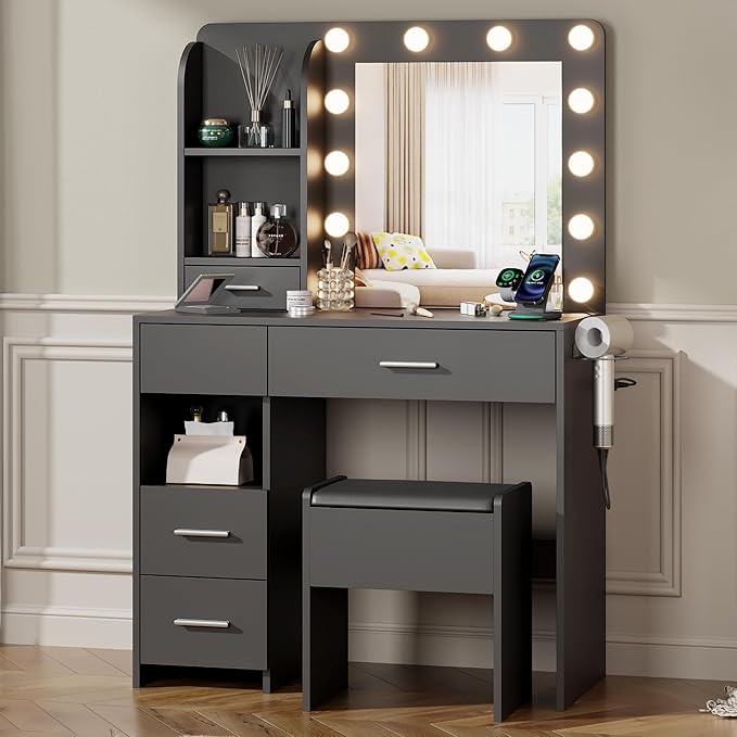 Vanity Desk with Mirror and Lights, 3 Adjustable Lighting Makeup Vanity Desk with 3 Storage Shelves, 5 Large Drawers and Power Outlet, Vanity with Chair for Bedroom, Black