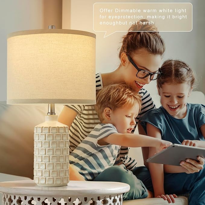 Luvkczc Vintage Farmhouse Table Lamp Set of 2, Grid Nightstand Lamp with Eye-Protecting Fabric Shade, 3-Color Temperature&2 Bulbs - Rustic Table Lamp Lamps for Living Room Bedroom Decor (21")