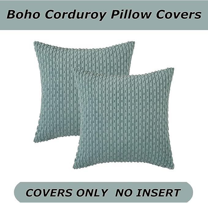 Kevin Textile Throw Pillow Covers Soft Corduroy Decorative Set of 2 Boho Striped Pillow Covers Pillowcases Farmhouse Home Decor for Couch Bed Sofa Living Room 26x26 Inch Dusty Green