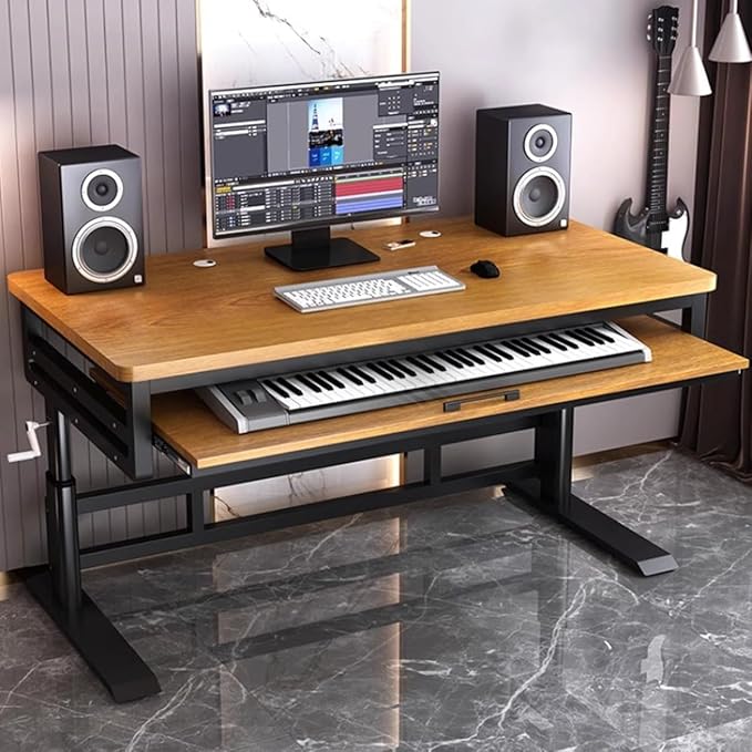 Studio Desk with Keyboard Tray | Hand-Crank Adjustable Standing Desk Workstation for Music Production, Cable Management, MIDI Keyboard Shelf (Natural, 62in)