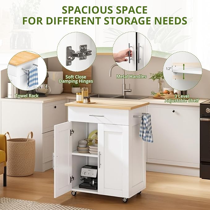 Kitchen Island with Storage - Mobile Rolling Kitchen Island Cart with Wheels, Large Drawer, Adjustable Shelf & Towel Rack, Space-Saving White Kitchen Organizer for Dining Room & Small Spaces