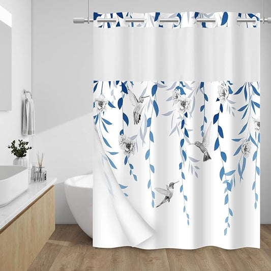 No Hook Shower Curtain with Snap in Liner - Fabric Waterproof Inner Liner, Plants Blue Floral Grey Nature Birds Cloth Shower Curtains Washable, 71 x 74 Inch