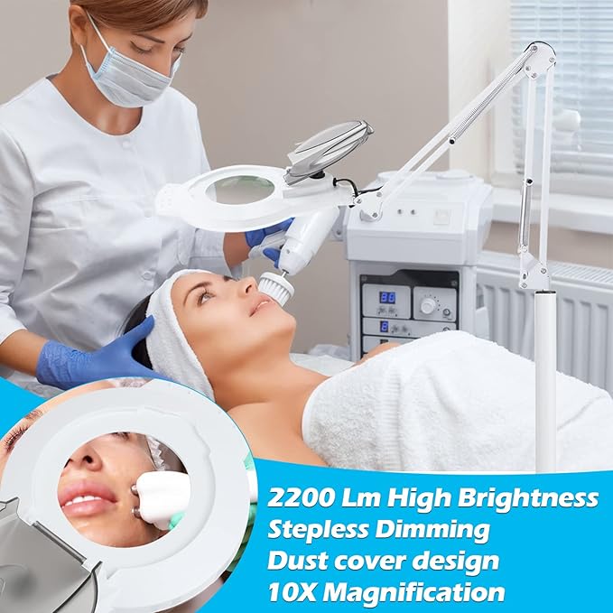 KIRKAS 10X Magniyfing Floor Lamp with 4 Wheel Rolling Base for Estheticians 2,200 Lumens LED Magnifier Lighted Glass Lens, Adjustable Stand & Swivel Arm Floor Lamp for Reading, Crafts, Tasks-White