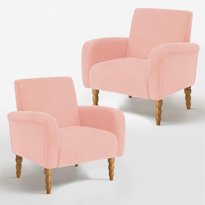 Accent Armchair Set of 2, Mid-Century Modern Living Room Chairs with Gourd-Like Shape Wooden Legs, Chenille Upholstered Single Sofa Reading Chair for Living Room Bedroom Guest Room,Pink