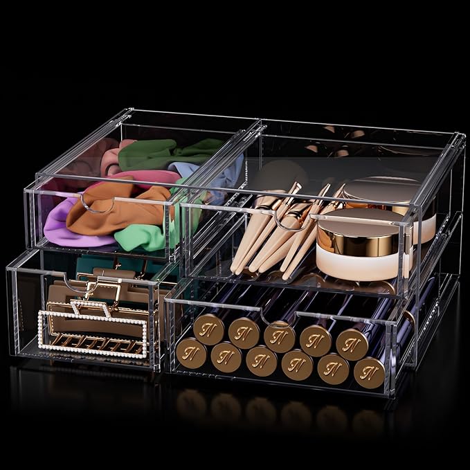 Noverlife Acrylic Hair Accessories Organizer with 4 Drawers, Clear Storage Drawers for Organizing Hair Ties/Jewelry/Sunglass, Stylish Make up Organizer Display & Office Bathroom Desktop Storage Case