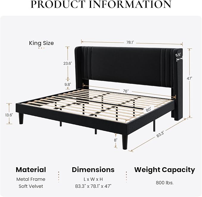 SHA CERLIN King Size Velvet Upholstered Platform Bed Frame with Vertical Channel Tufted Wingback Headboard, Wooden Slats Support, Easy Assembly, Under Bed Storage, No Box Spring Required, Black