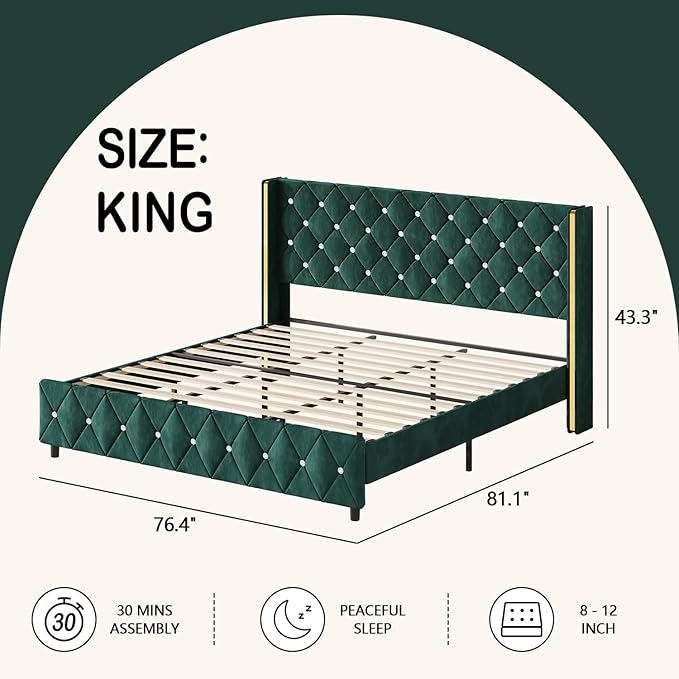 HOMBCK King Size Bed Frame with Headboard, Upholstered Platform Bed with Wingback Design, Modern Diamond Bed Frame with Tufted Deep Button, No Box Spring Needed, Easy Assembly, Green