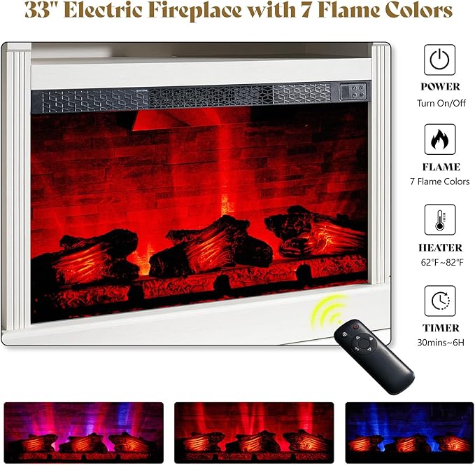 AMERLIFE 97" Farmhouse Fireplace TV Stand, Entertainment Center with Large Storage Space and Adjustable Shelf, Media Console for Living Room, White/Barnwood