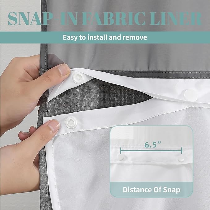 Charcoal Grey Long No Hook Waffle Weave Shower Curtain with snap-in Liner Replacement, 230GSM Waterproof Fabric Hotel Shower Curtain Set for Bathroom, Through Mesh Top Window,71Wx80H